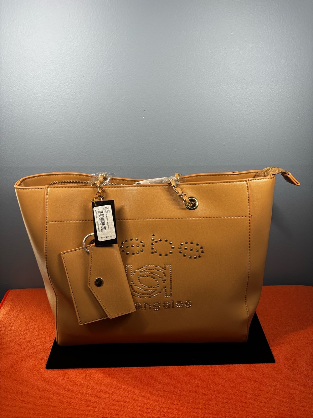 Bebe Allegro Tan Tote Bag with Studded Logo Accent